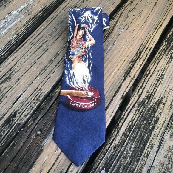 Tommy Bahama Hula Girl Cigar Tie Mens 100% Silk Novelty Necktie Hawaii Blue Red - Picture 1 of 10